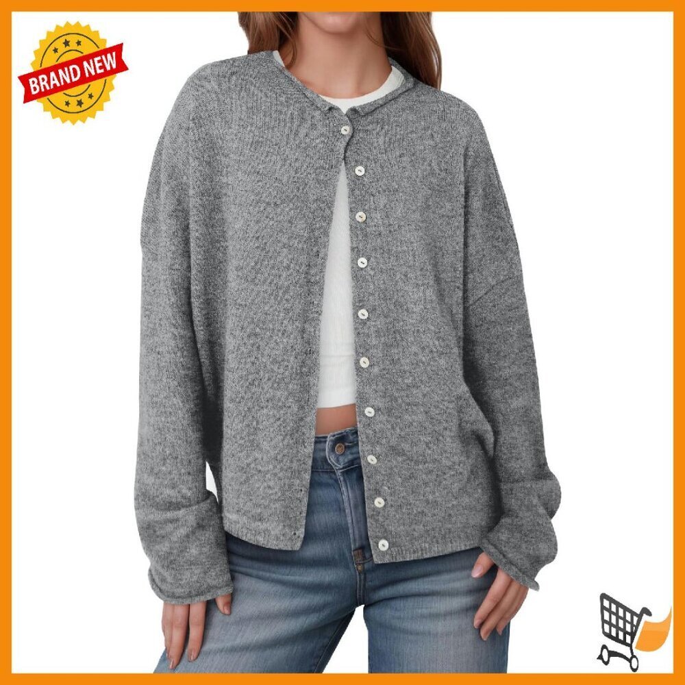 Soft Knit Button Up Cardigan Sweater Long Sleeve Crew Neck Loose Fit